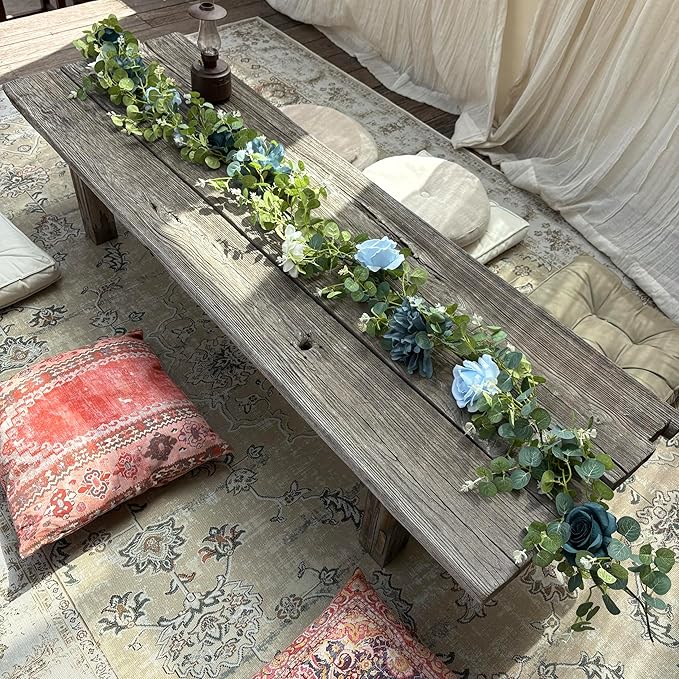 Artificial Flower Garland，6.5Ft Fake Dahlia Rose Flowers Garland Floral Eucalyptus Greenery Vine for Wedding Arch，Table Runner Centerpieces Backdrop Room Wall Hanging Plant Decor（Blue）
