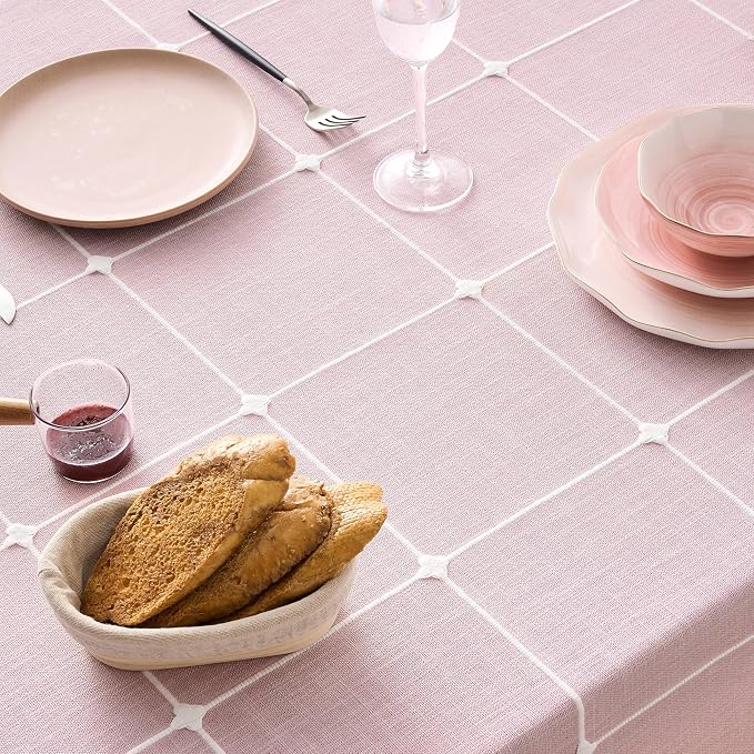 ZeeMart Boho Grid Table Cloth with Tassels (Pink, 60" x 60"), Heavy Weight Linen Checked Embroidered Farmhouse Tablecloth, Water Resistant Square Pink Tablecloths