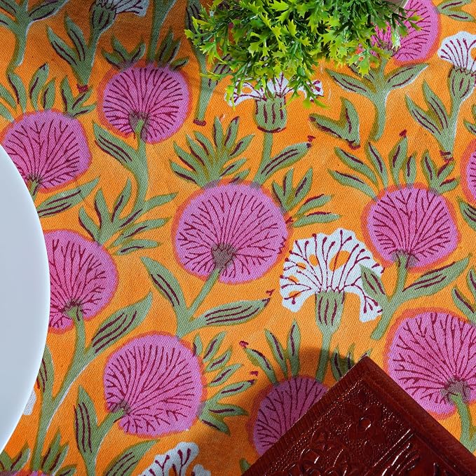 Ridhi Round Tablecloth Hand Block Print 100% Cotton Reusable Bubblegum Pink 90 Inch Table Cover Decorative Everyday Use for Dining, Home, Party, Wedding, Farmhouse, Party Gift for Spring, Mother's Day