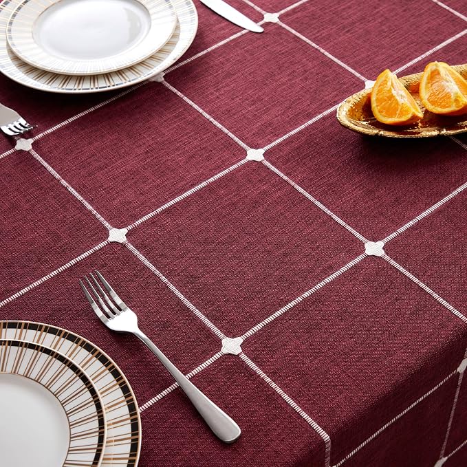 ZeeMart Boho Grid Table Cloth with Tassels (Burgundy, 60" Round), Heavy Weight Linen Checked Embroidered Farmhouse Tablecloth, Water Resistant Round Red Tablecloths