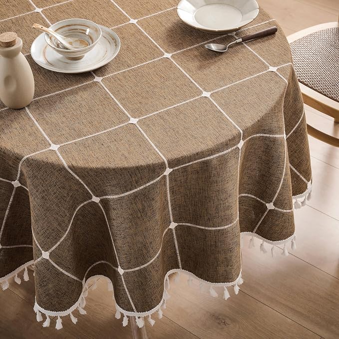 ZeeMart Boho Grid Table Cloth with Tassels (Caramel, 60" Round), Heavy Weight Linen Checked Embroidered Farmhouse Tablecloth, Water Resistant Round Brown Tablecloths