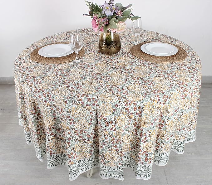 Ridhi Round Tablecloth Hand Block Print 100% Cotton ReusableCanary Yellow 132 Inch Table Cover Decorative Everyday Use for Dining, Home, Party, Wedding, Farmhouse, Party Gift for Spring, Mother's Day