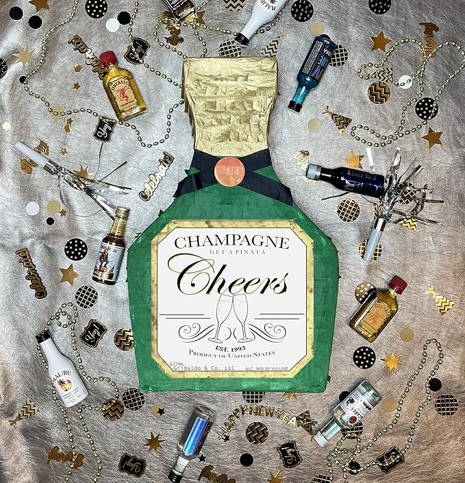 Jergrim Champagne Piñata with Stick, 17X11inches, Perfect for New Years 21st Birthday Decorations, Graduation, and Wedding Props. Fits party favor