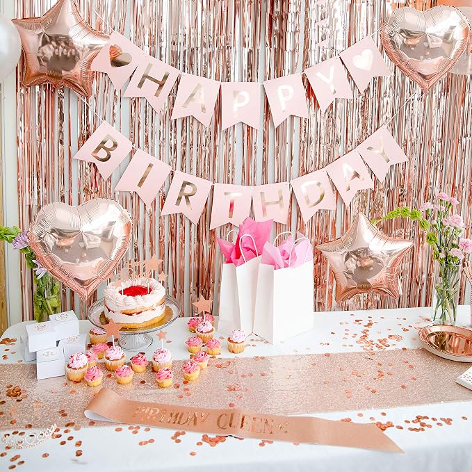 225 PC Rose Gold Birthday Party Decorations Kit for Girls, Teens, Women - Happy Birthday Banner, Curtains, Table Runner, Balloons, Sash, Tiara, Cake Topper, Plates, Cups, Napkins, Straws for 25 Guests