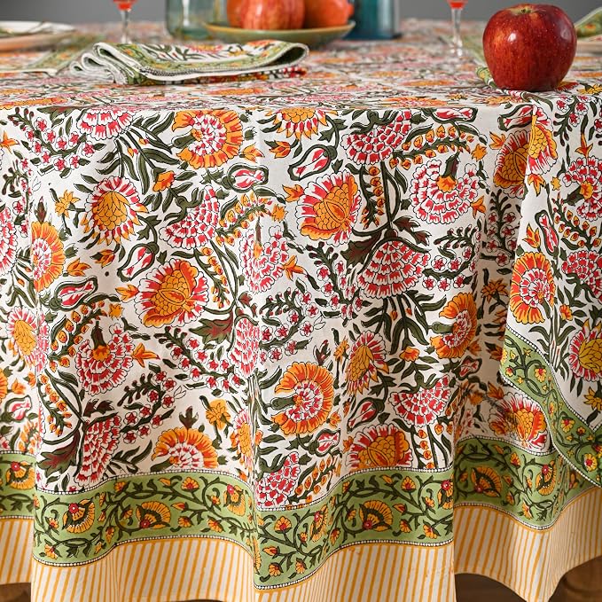 Hand Block Printed Tablecloth – Colorful Floral Print | 100% Cotton | Indian Artisan Handmade Art | Dining Room, Kitchen, Outdoor Décor, (Yellow Sunflower, 8 Seater 90 Inches Round)