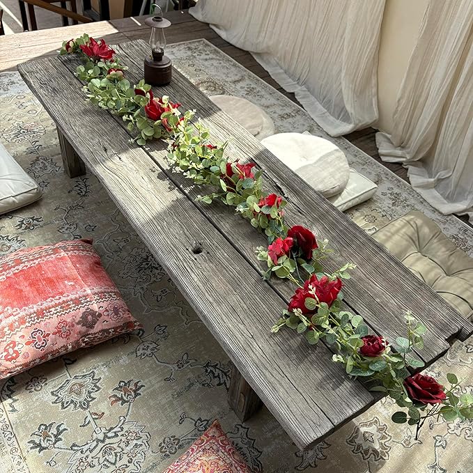 Artificial Flower Garland，6.5Ft Fake Dahlia Rose Floral Eucalyptus Greenery Garland Vine for Wedding Arch，Table Runner Centerpieces Backdrop Room Wall Hanging Plant Decor（Burgundy）