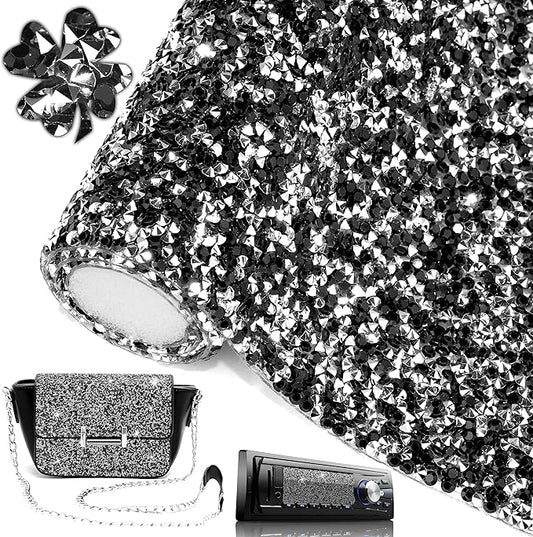 Locacrystal Bling Resin Rhinestone Sticker DIY Car Decoration Stickers Self-Adhesive Hotfix Glitter Crystal Gem Sheet Stickers for Car & Crafts Decoration(Sliver Black,9.4"x15.8")