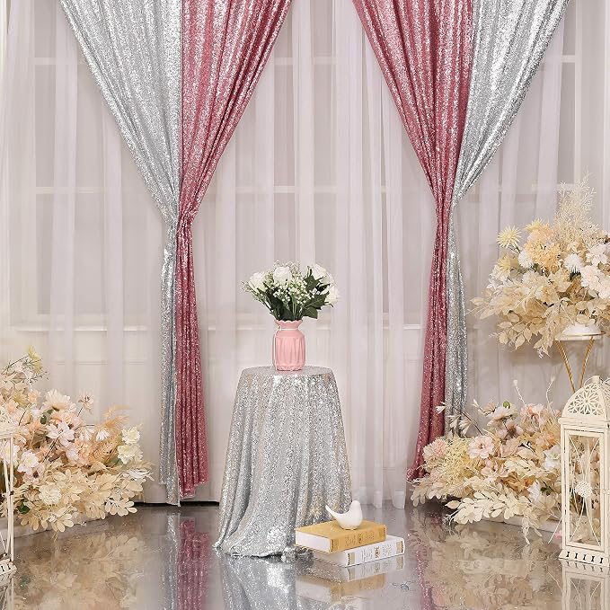 Poise3EHome Fuchsia Pink Sequin Backdrop Curtain, 2 Panels 2Ft x 8Ft Glitter Photography Background for Party Baby Shower Wedding Birthday Christmas Thanksgiving Halloween Decoration