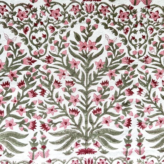 ATOSII Nargis Pink 100% Cotton Round Block Print Summer Tablecloth, Floral Table Cloth Linen for Dining Parties Weddings Outdoors Holidays I 60" Inches Round, 4 Seater I Grandmillennial Farmhouse Boho