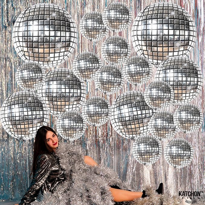 KatchOn, Silver Disco Ball Balloons - 32 Inch, Pack of 20 | Shiny Disco Ball for Disco Party Decorations | 4D Disco Balloons for Disco Bachelorette Party Decorations | Mamma Mia Party Decorations