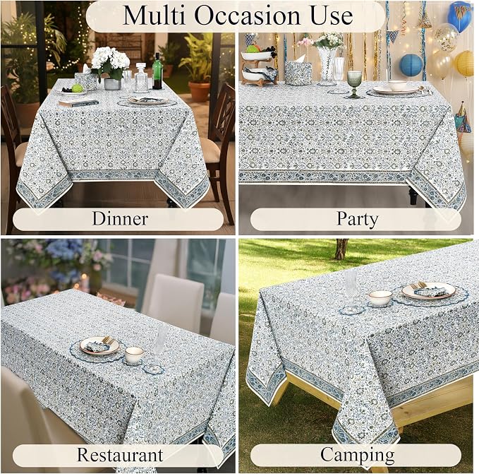 Ridhi Indigo Hand Block Print Cotton Rectangle Tablecloth 108" x 60" inches Reusable Table Cover Decorative Everyday Use for Dining Room, Farmhouse, Home Gift for Spring, Mother's Day