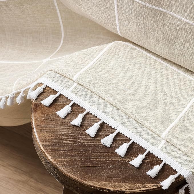 ZeeMart Boho Grid Table Cloth with Tassels (Light Tan, 60" x120"), Heavy Weight Linen Checked Embroidered Farmhouse Tablecloth, Water Resistant Rectangle Beige Tablecloths
