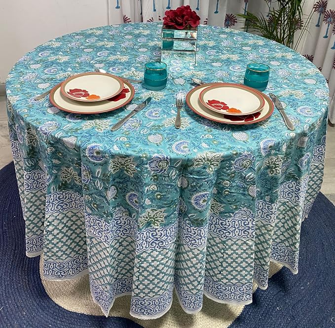Ridhi Round Tablecloth Hand Block Print 100% Cotton Reusable Turquoise & Steel Blue 110 Inch Table Cover Decorative Everyday Use for Dining, Home, Wedding, Farmhouse Gift for Spring, Mother's Day