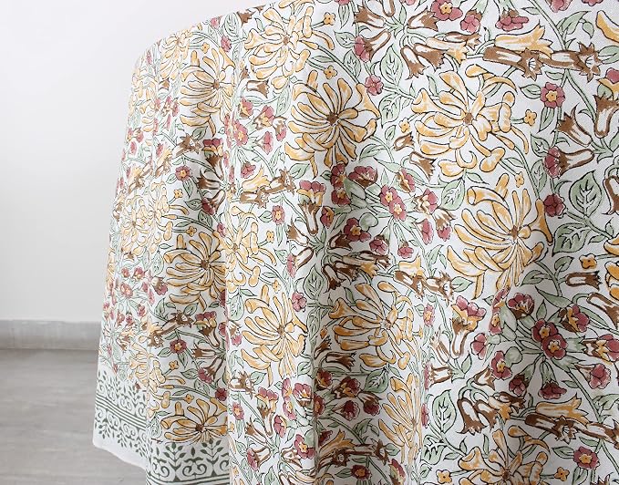 Ridhi Round Tablecloth Hand Block Print 100% Cotton ReusableCanary Yellow 132 Inch Table Cover Decorative Everyday Use for Dining, Home, Party, Wedding, Farmhouse, Party Gift for Spring, Mother's Day