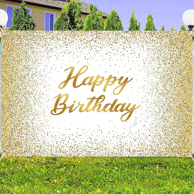 12x10 FT Glitter Happy Birthday Backdrops Banner Polyester White and Gold Spots Large Happy Birthday Background Sign for Women Men Decorations Photo Booth Props Supplies Banner