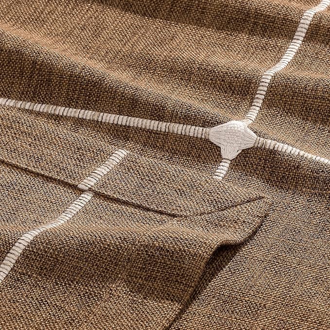 ZeeMart Grid Embroidered Hemmed Tablecloths, Caramel 60x120 Inch, Farmhouse Style Heavy Weight Cotton Linen Brown Tablecloths, Boho Plaid Water Resistant Rectangle Table Cloth