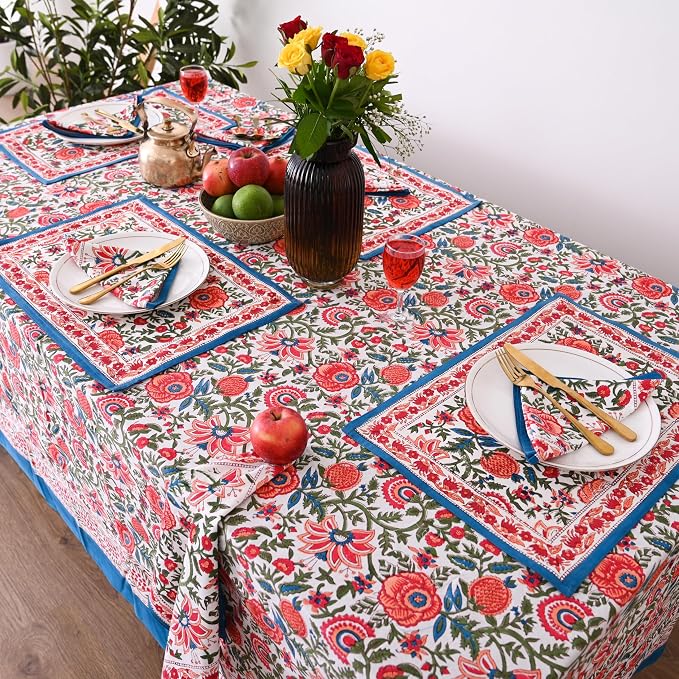Hand Block Printed Tablecloth, Colorful Floral Print, Indian Artisan Handmade Art, Dining Room, Kitchen, Outdoor Décor, (Peach Floral, 8 Napkins, 72 x 108 Inches Rectangle)