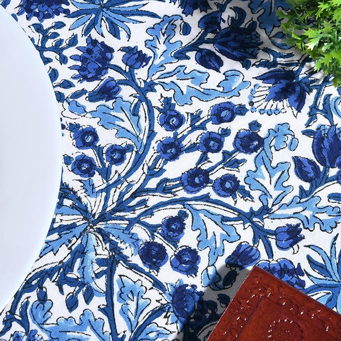 Ridhi Round Tablecloth Hand Block Print 100% Cotton Reusable Dark Royal Blue 132 Inch Table Cover Decorative Everyday Use for Dining, Home, Party, Wedding, Farmhouse Gift for Spring, Mother's Day