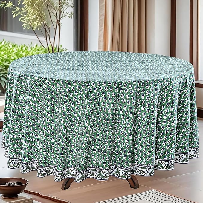 Ridhi Round Tablecloth Hand Block Print 100% Cotton Reusable Basil Green 132 Inch Table Cover Decorative Everyday Use for Dining, Home, Party, Wedding, Farmhouse, Party Gift for Spring, Mother's Day