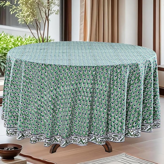 Ridhi Round Tablecloth Hand Block Print 100% Cotton Reusable Basil Green 120 Inch Table Cover Decorative Everyday Use for Dining, Home, Party, Wedding, Farmhouse, Party Gift for Spring, Mother's Day
