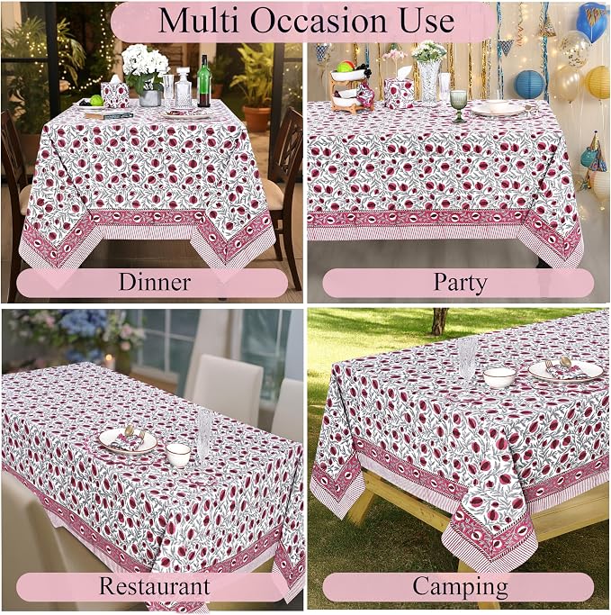 Ridhi Sangria Red Hand Block Print Cotton Rectangle Tablecloth 90" x 60" inches Reusable Table Cover Decorative Everyday Use for Dining Room, Farmhouse, Home Gift for Spring, Mother's Day