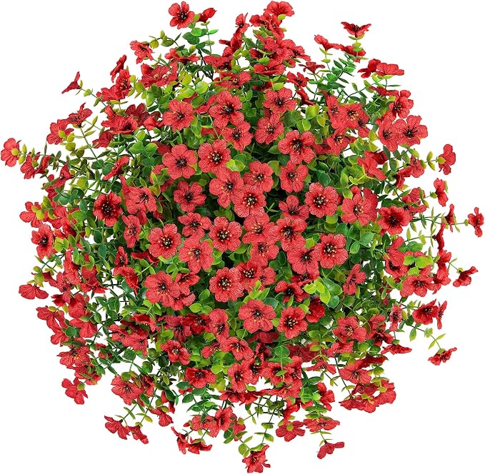 HyeFlora Artificial Fake Hanging Red Plants Flowers Basket for Outdoor, Faux Silk Daisy Mums Look Real UV Resistant for Outside Porch Home Patio Garden Yard Decoration