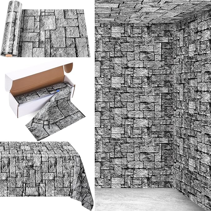 Kochorie 200 Ft X 54 Inch Stone Wall Tablecloth Roll with Cutter Box Disposable Plastic Stone Table Cover Medieval Stone Brick Table Cloth Dirt Floor Wall Backdrops for Farm Wedding Birthday Party