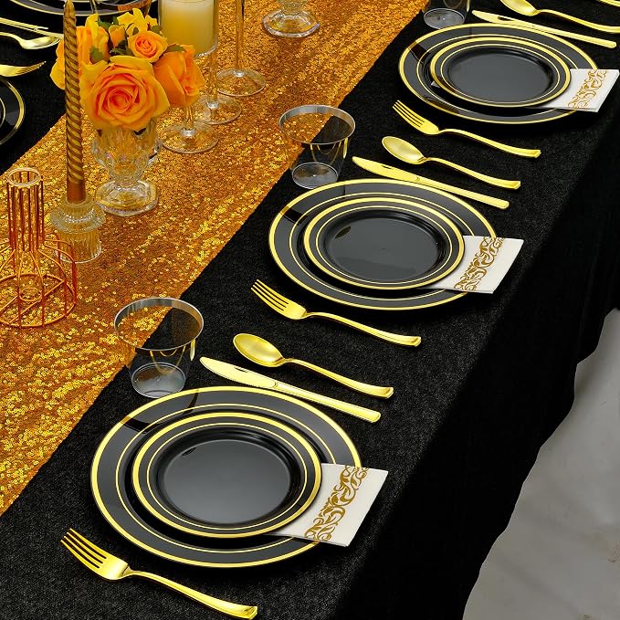 350pcs Black and Gold Dinnerware Set for 50 Guests, Black Plastic Plates with Gold Rim for Party -50 Dinne/Dessert Plates, 150 Silverware Set,50 Napkins and Cups