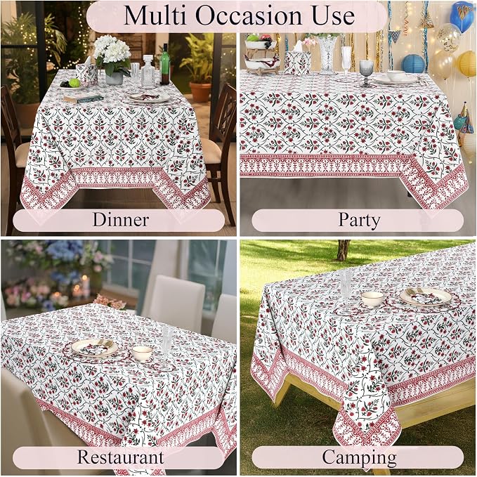 Ridhi Ruby Red Hand Block Print Cotton Rectangle Tablecloth 90" x 60" inches Reusable Table Cover Decorative Everyday Use for Dining Room, Farmhouse, Home Gift for Spring, Mother's Day