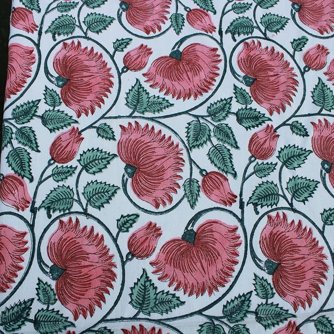 Ridhi Coral & Turquiose Green Hand Block Print Cotton Rectangle Tablecloth 102" x 48" inches Reusable Table Cover Decorative Everyday Use for Dining Room, Farmhouse, Home Gift for Spring, Mother's Day