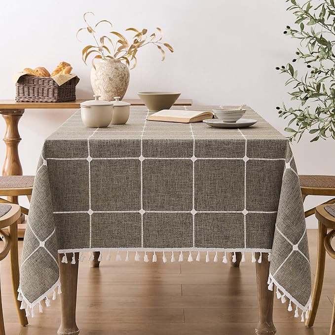 ZeeMart Boho Grid Table Cloth with Tassels (Cocoa Brown, 52" x 70"), Heavy Weight Linen Checked Embroidered Farmhouse Tablecloth, Water Resistant Rectangle Brown Tablecloths