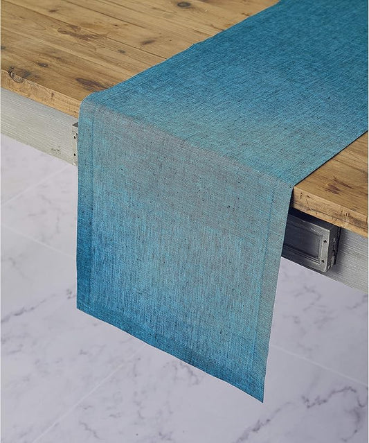 Solino Home Linen Table Runner 132 Inches Long - Athena, 100% Pure Linen Chambray Teal 14 x 132 Inch Table Runner for Dining, Spring, Summer, Mothers Day