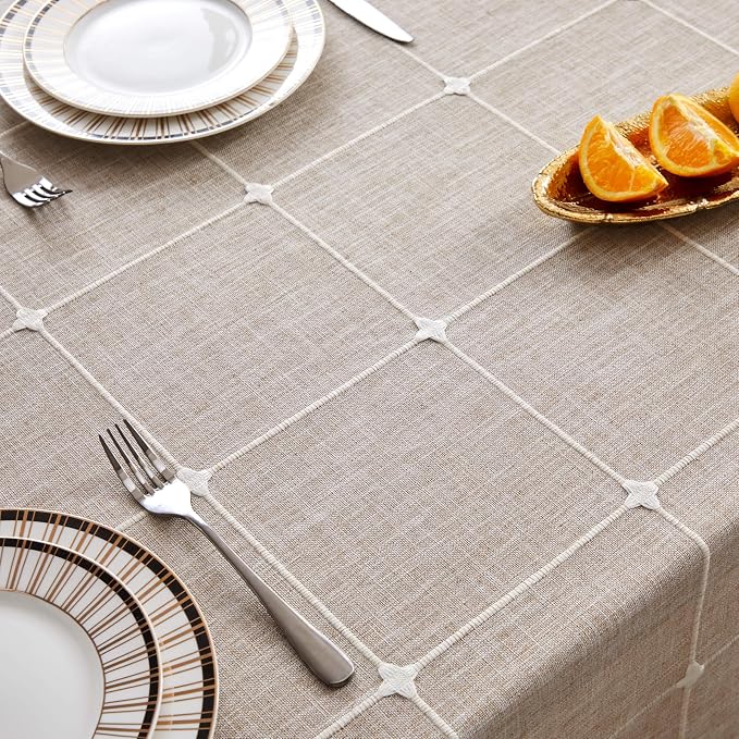 ZeeMart Boho Grid Table Cloth with Tassels (Taupe, 60" x 60"), Heavy Weight Linen Checked Embroidered Farmhouse Tablecloth, Water Resistant Square Beige Tablecloths