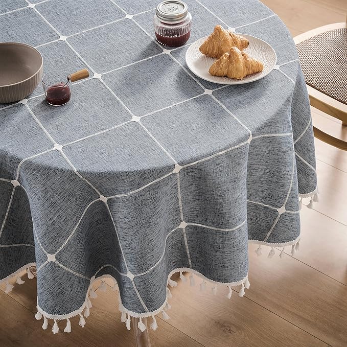 ZeeMart Boho Grid Table Cloth with Tassels (Blue Ashes, 60" Round), Heavy Weight Linen Checked Embroidered Farmhouse Tablecloth, Water Resistant Round Blue Grey Tablecloths