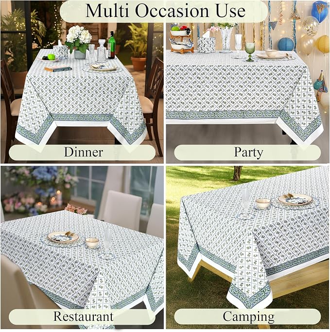 Ridhi Lattice Bloom Hand Block Print Cotton Rectangle Tablecloth 108" x 60" inches Reusable Table Cover Decorative Everyday Use for Dining Room, Farmhouse, Home Gift for Spring, Mother's Day