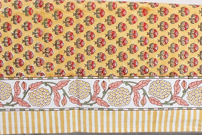 Ridhi Mustard Yellow Hand Block Print Cotton Rectangle Tablecloth 190" x 72" inches Reusable Table Cover Decorative Everyday Use for Dining Room, Farmhouse, Home Gift for Spring, Mother's Day
