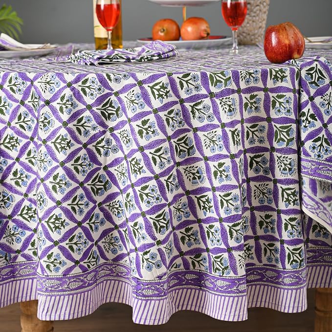 Hand Block Printed Tablecloth – Colorful Floral Print | 100% Cotton | Indian Artisan Handmade Art | Dining Room, Kitchen, Outdoor Décor, (Royal Purple Flora, 4 Seater 60 Inches Round)