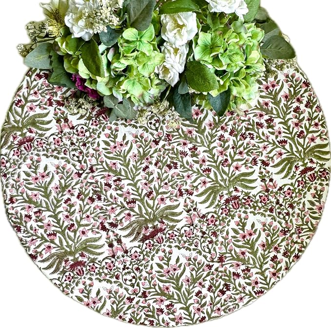 ATOSII Nargis Pink 100% Cotton Round Block Print Summer Tablecloth, Floral Table Cloth Linen for Dining Parties Weddings Outdoors Holidays I 90" Inches Round, 6 Seater I Grandmillennial Farmhouse Boho