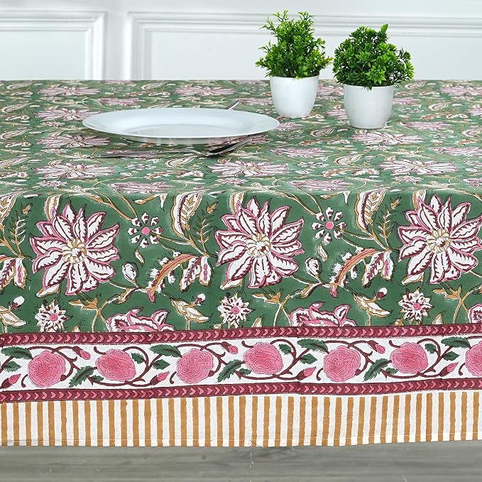 Ridhi Hunter Green Hand Block Print Cotton Rectangle Tablecloth 118" x 70" inches Reusable Table Cover Decorative Everyday Use for Dining Room, Farmhouse, Home Gift for Spring, Mother's Day