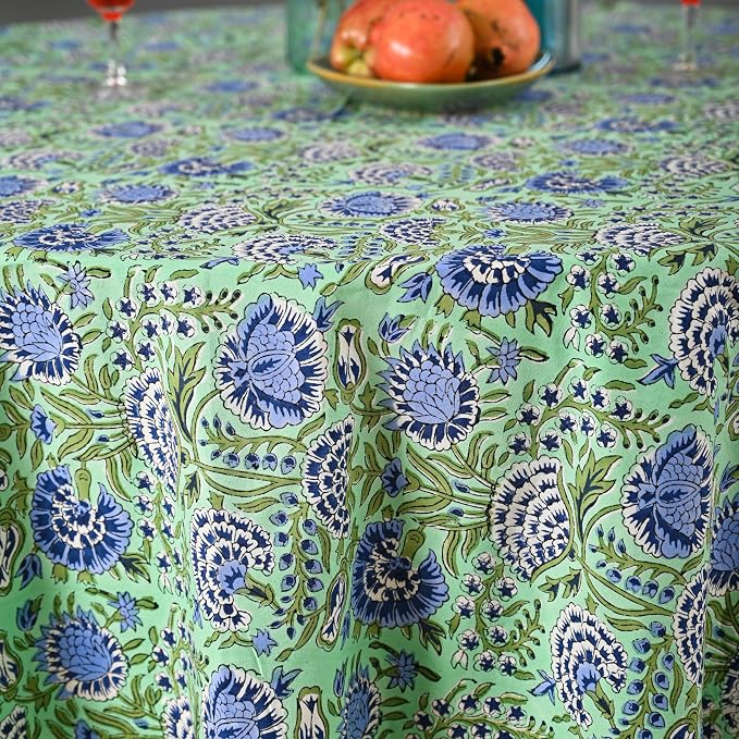 Hand Block Printed Tablecloth – Colorful Floral Print | 100% Cotton | Indian Artisan Handmade Art | Dining Room, Kitchen, Outdoor Décor, (Mint Green Blue, 8 Seater 90 Inches Round)