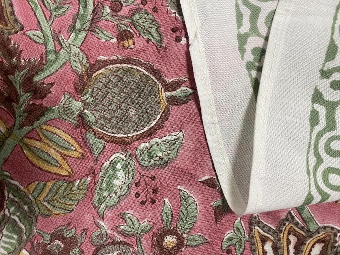 Ridhi Round Tablecloth Hand Block Print Cotton Reusable Coral Pink & Forest Green 110 Inch Table Cover Decorative Everyday Use for Dining, Home, Party, Wedding Gift for Spring, Easter, Valentine
