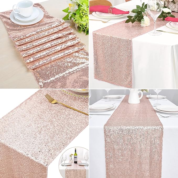 JYFLZQ Rose Gold Sequin Table Runner 12"x72" 10 Packs Glitter Table Runners Sparkly Sequin Runners for Wedding Birthday Party Decorations