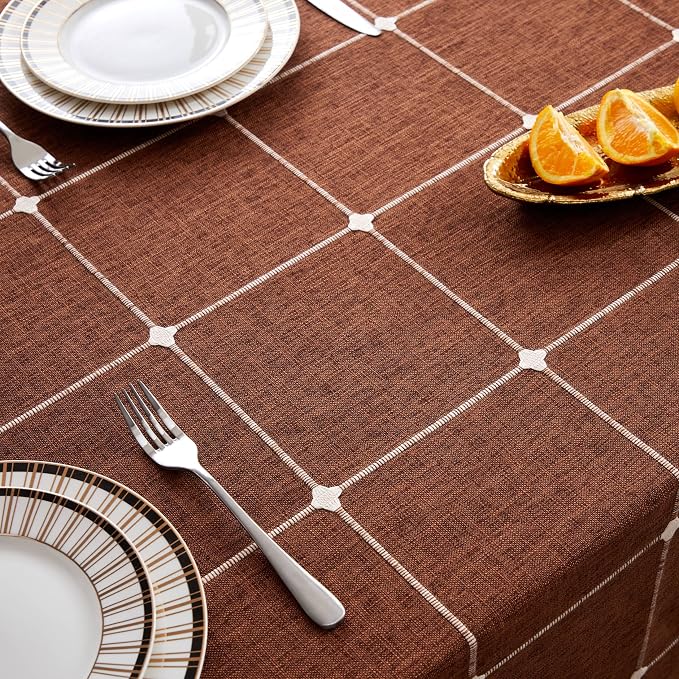 ZeeMart Boho Grid Table Cloth with Tassels (Terracota, 60" x 104"), Heavy Weight Linen Checked Embroidered Farmhouse Tablecloth, Water Resistant Rectangle Rust Tablecloths