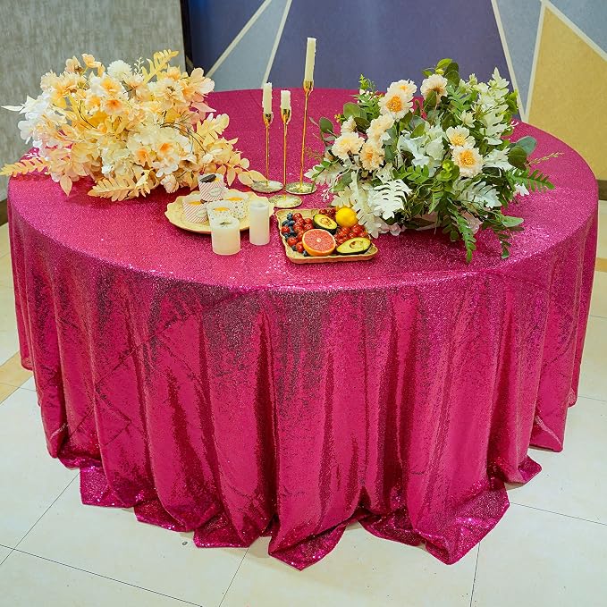 Hot Pink Glitter Tablecloth - 132'' Round Sequin Table Cloth for Birthdays, Weddings & Parties