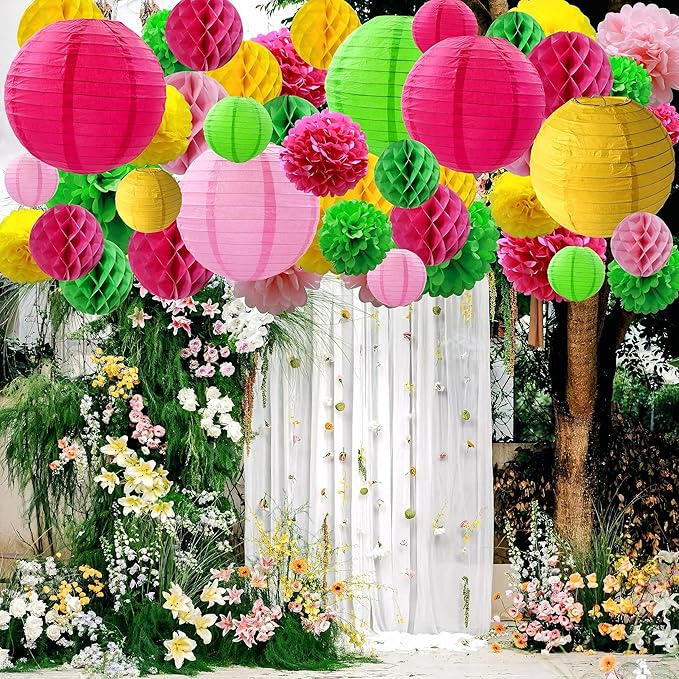 WOLHOWLTD Hawaii Luau Theme Paper Decoration Set - 42Pcs Paper Lanterns,Pompoms,Honeycomb for Wedding,Summer Aloha Party,School Day,Bridal Shower,Birthday Party Decoration(Rosy Pink Yellow Green)