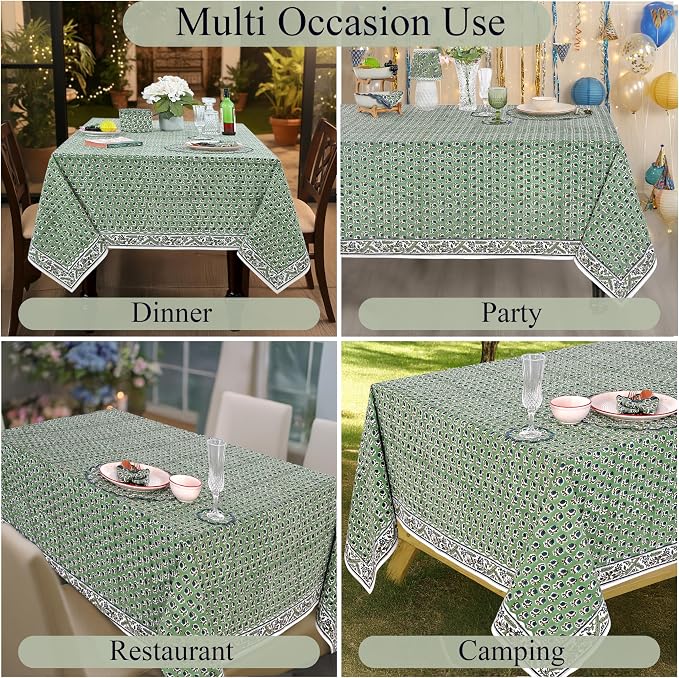 Ridhi Basil Green Hand Block Print Cotton Rectangle Tablecloth 108" x 60" inches Reusable Table Cover Decorative Everyday Use for Dining Room, Farmhouse, Home Gift for Spring, Mother's Day