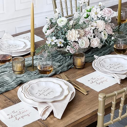 Kate Aspen The Adventure Begins Wedding Paper Plates and Napkins Set - 72 Piece Wedding Plates Disposable Party Tableware for 24 Guests - Bridal Shower Decorations, Engagement Party Decor
