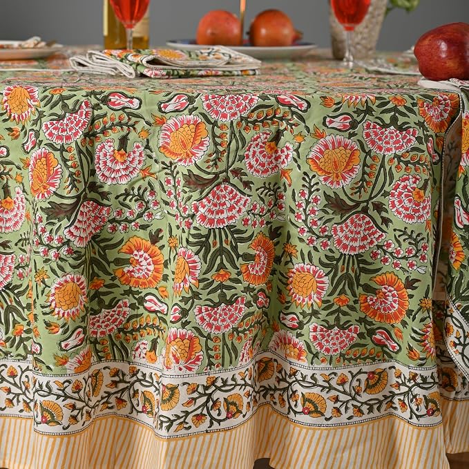 Hand Block Printed Tablecloth – Colorful Floral Print | 100% Cotton | Indian Artisan Handmade Art | Dining Room, Kitchen, Outdoor Décor, Party Decor, (Daisy Sunshine, 108 Inches Round)