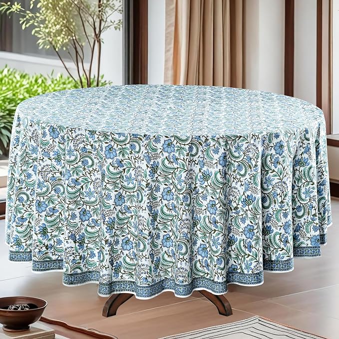 Ridhi Round Tablecloth Hand Block Print 100% Cotton Reusable Columbia Blue 132 Inch Table Cover Decorative Everyday Use for Dining, Home, Party, Wedding, Farmhouse, Party Gift for Spring, Mother's Day