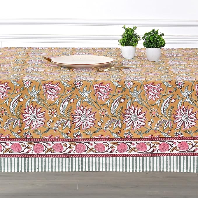 Ridhi Biscotti Yellow Hand Block Print Cotton Rectangle Tablecloth 90" x 60" inches Reusable Table Cover Decorative Everyday Use for Dining Room, Farmhouse, Home Gift for Spring, Mother's Day